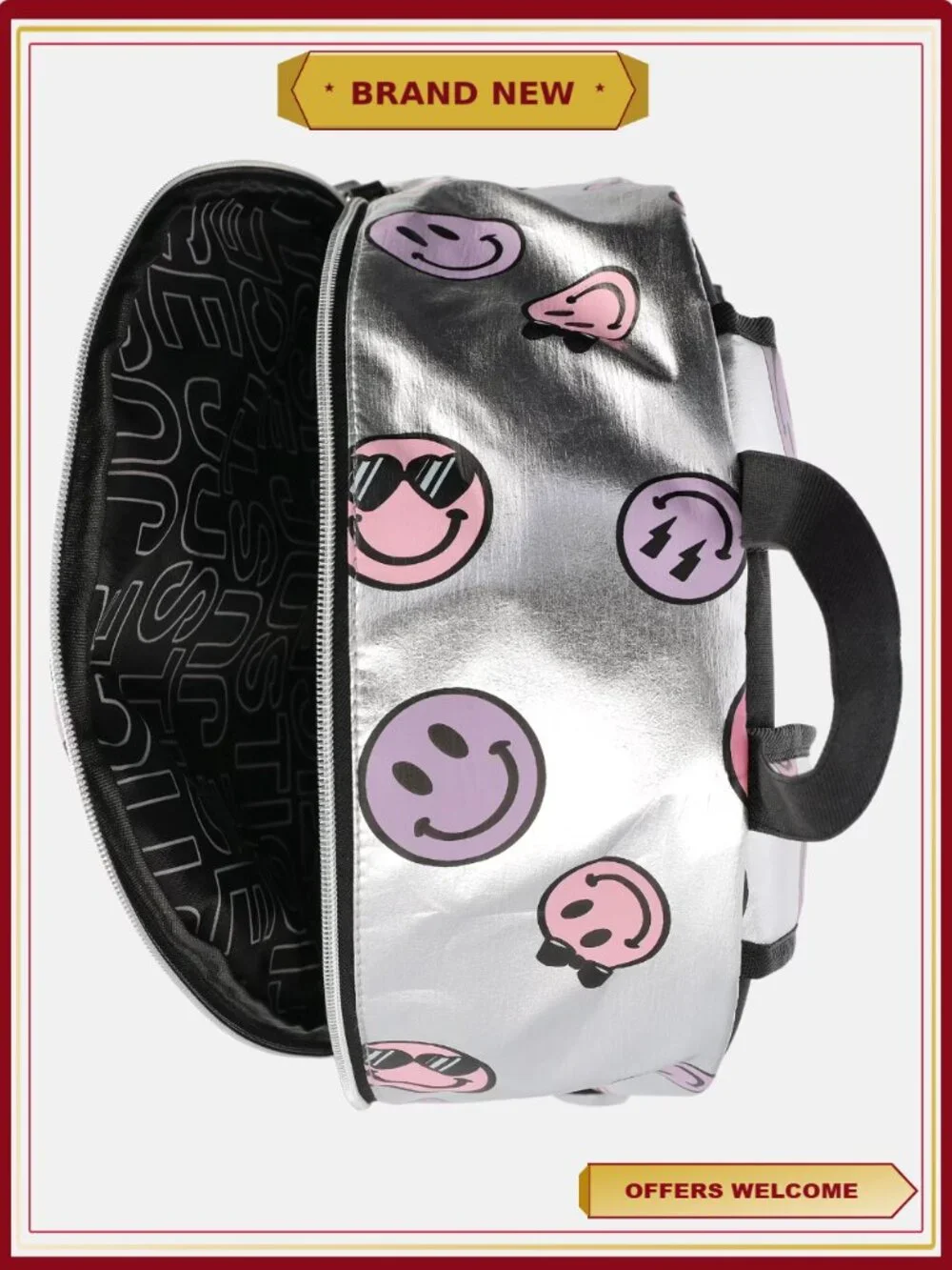 Girls 17 Inch Silver Foil Smiley Backpack and Lunch Tote Set with Keychain